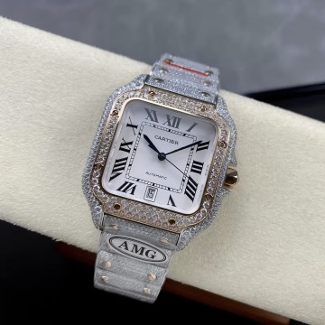 최고퀄 까르띠에 산토스 화이트 로만 다이얼 로즈 골드 콤비 파베 세팅 40mm